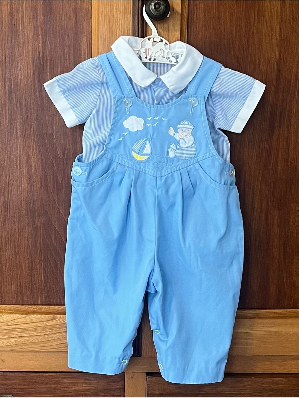 Vintage Blue Baby Boys' Sailor Embroidered Overalls with Blue Shirt Set 6-9M